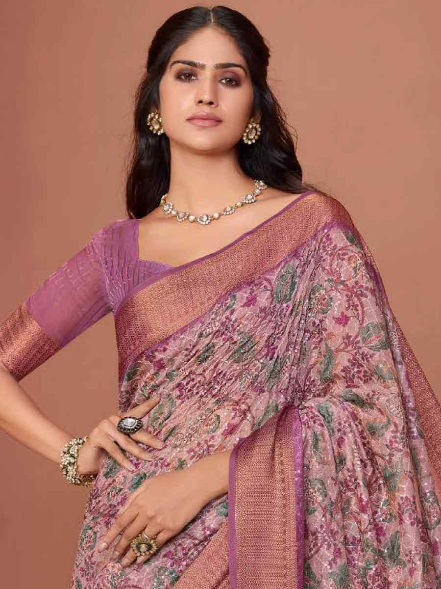 Purple Silk Embroidered Reception Party Heavy Border Saree