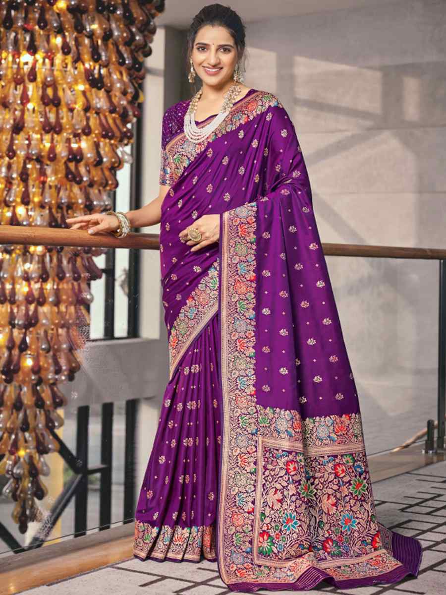 Purple Silk Embroidered Wedding Party Heavy Border Saree