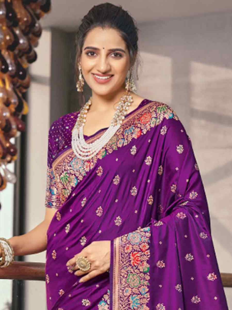 Purple Silk Embroidered Wedding Party Heavy Border Saree