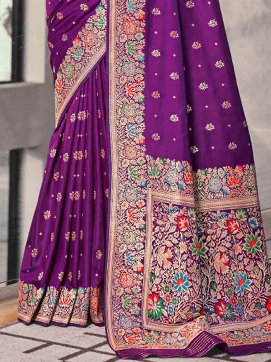 Purple Silk Embroidered Wedding Party Heavy Border Saree