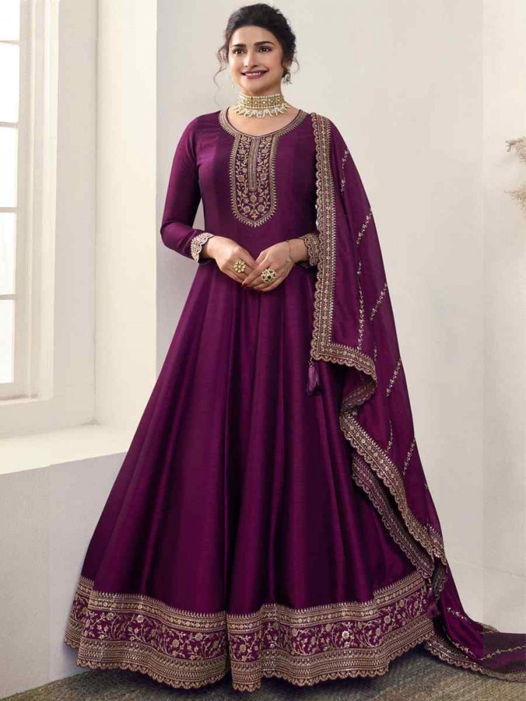 Purple Silk Georgette Embroidered Festival Mehendi Gown