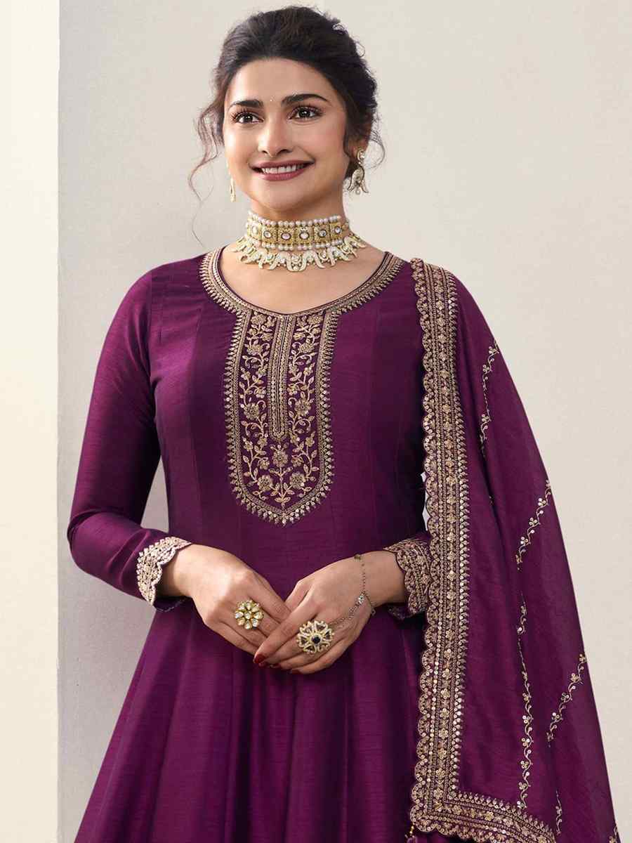 Purple Silk Georgette Embroidered Festival Mehendi Gown