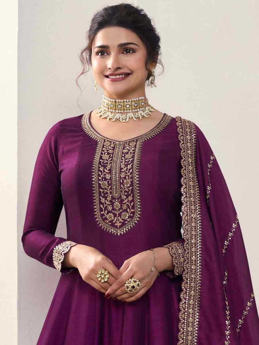 Purple Silk Georgette Embroidered Festival Mehendi Gown