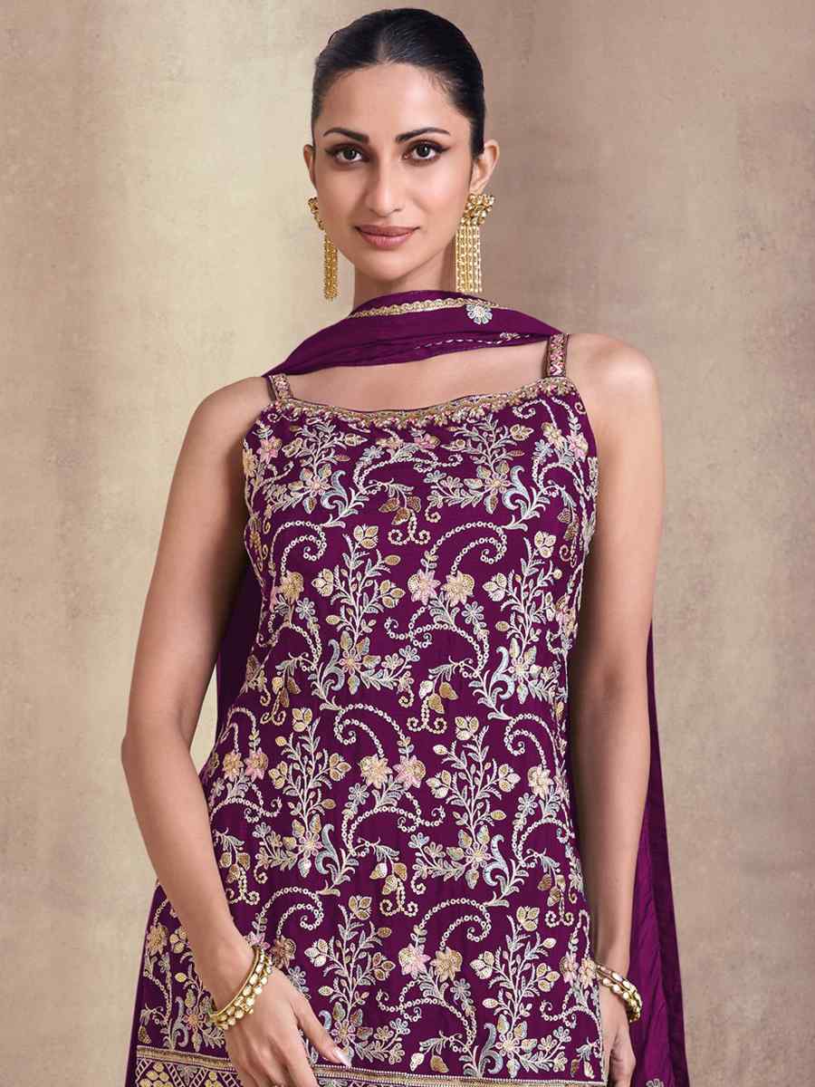 Purple Silk Georgette Embroidered Festival Mehendi Sharara Pant Salwar Kameez
