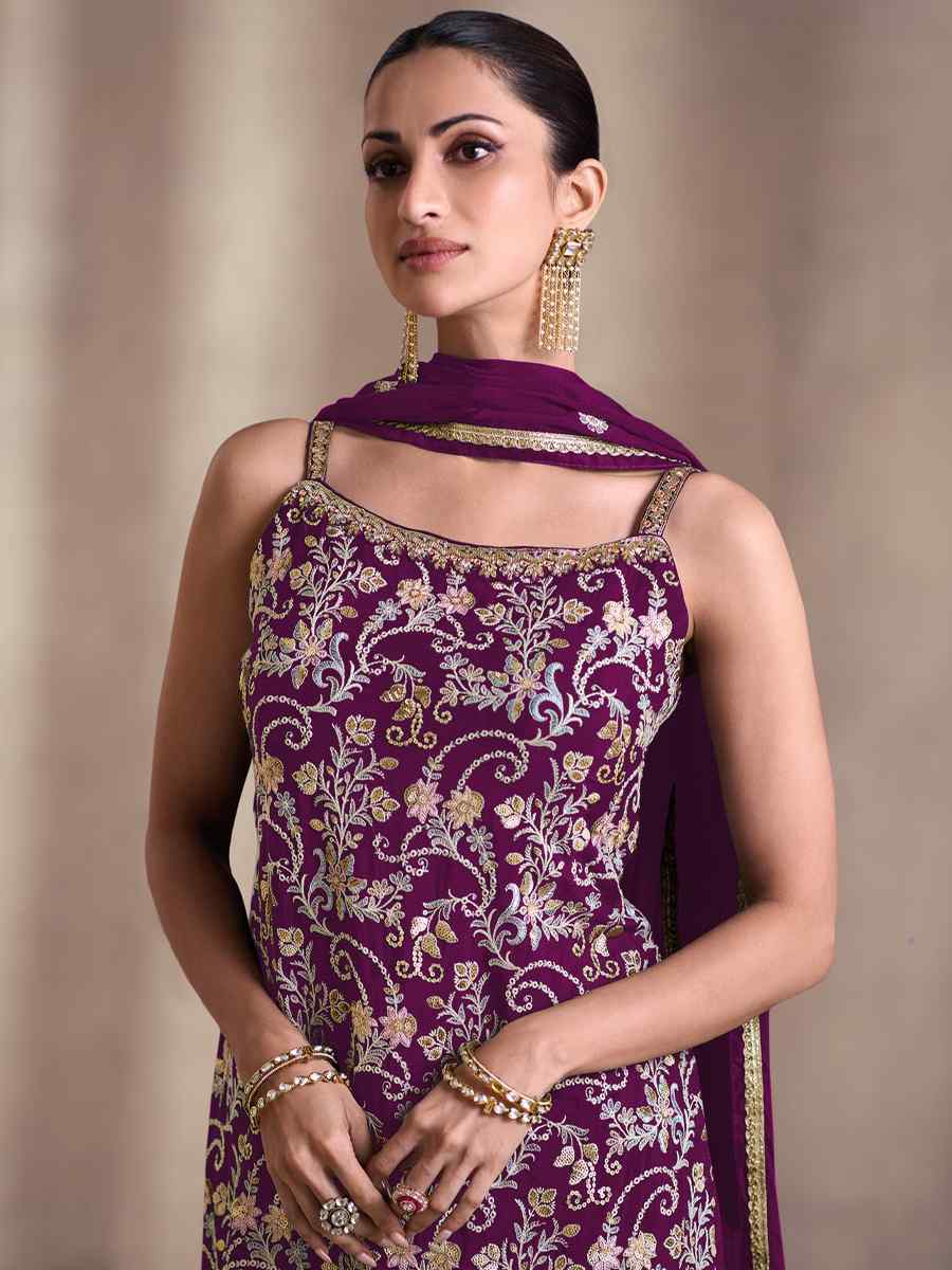 Purple Silk Georgette Embroidered Festival Mehendi Sharara Pant Salwar Kameez