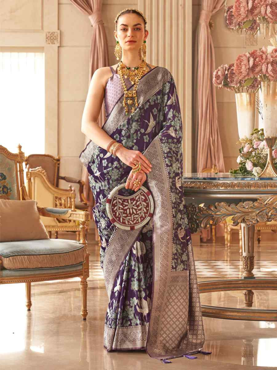 Purple Silk Handwoven Festival Wedding Heavy Border Saree