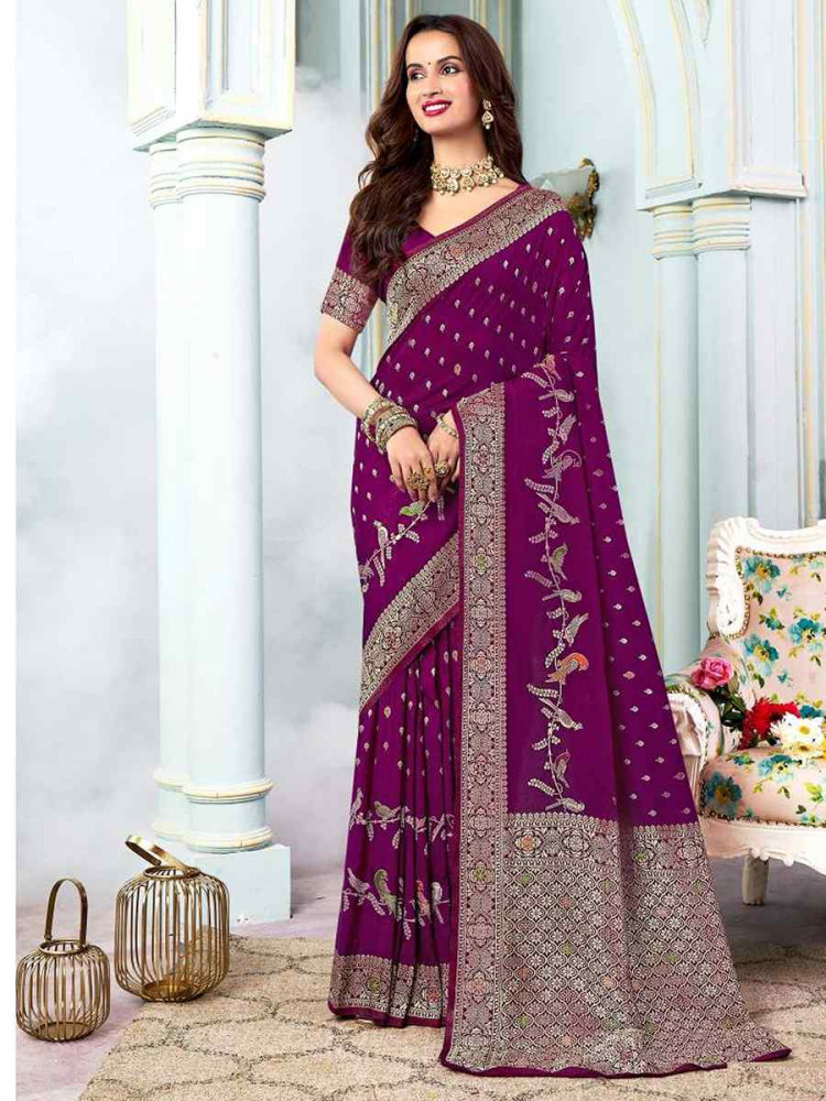 Purple Silk Handwoven Festival Wedding Heavy Border Saree