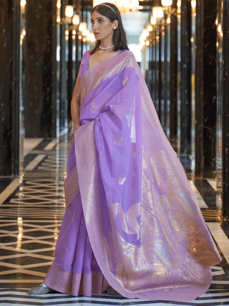 Purple Silk Handwoven Festival Wedding Heavy Border Saree