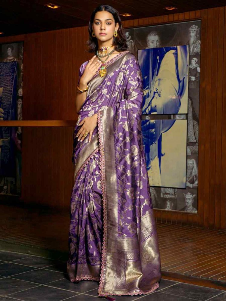 Purple Silk Handwoven Festival Wedding Heavy Border Saree