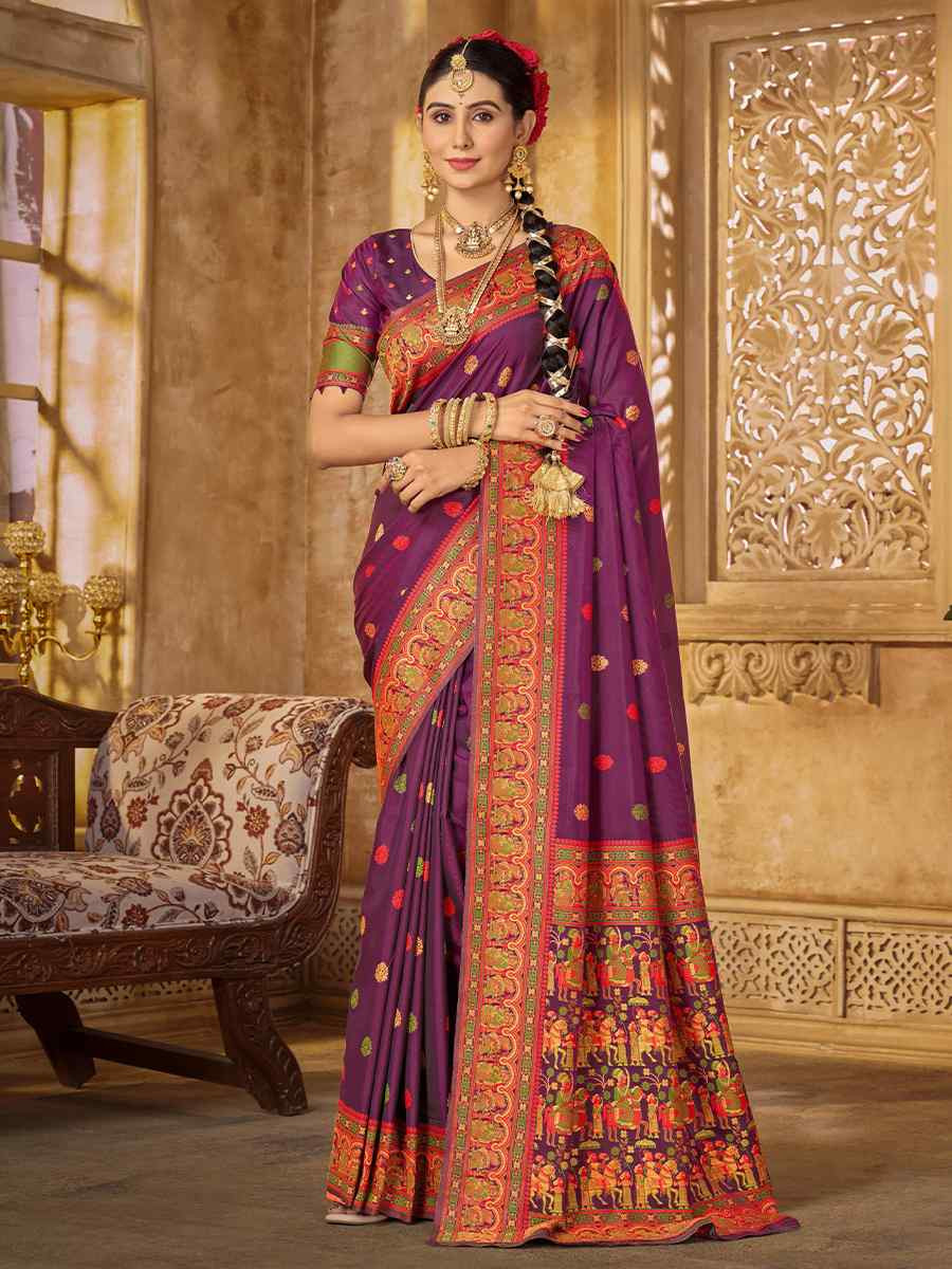 Purple Silk Handwoven Festival Wedding Heavy Border Saree