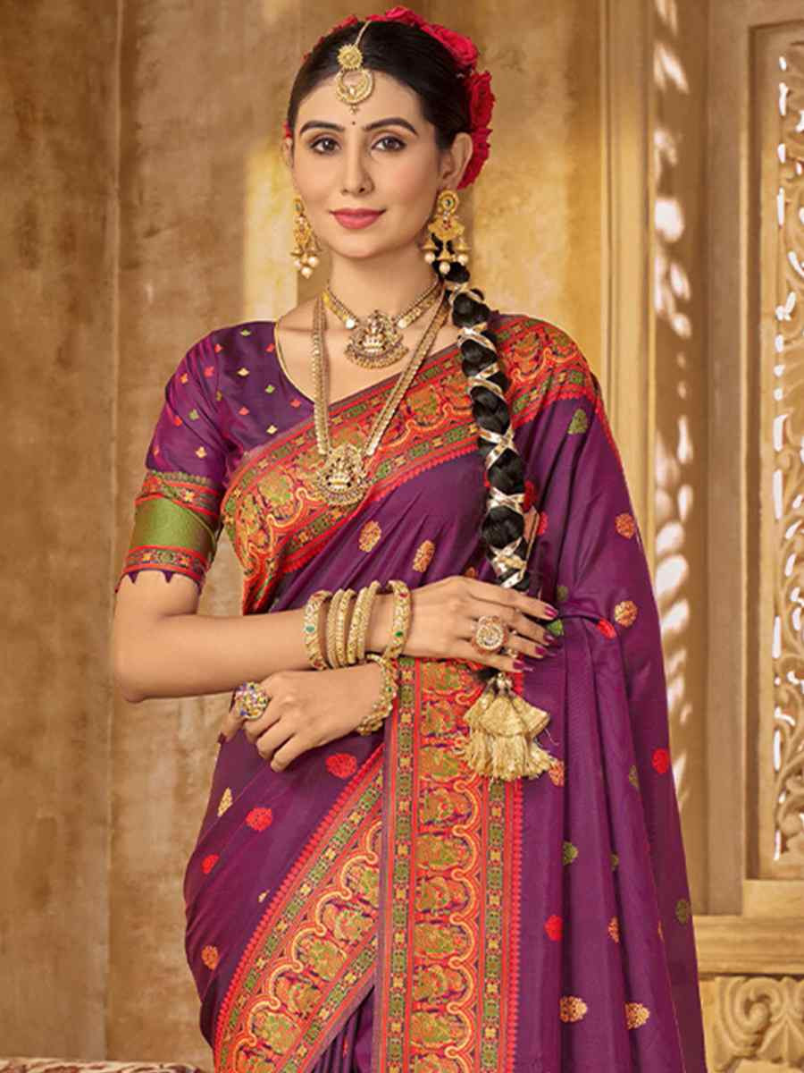 Purple Silk Handwoven Festival Wedding Heavy Border Saree