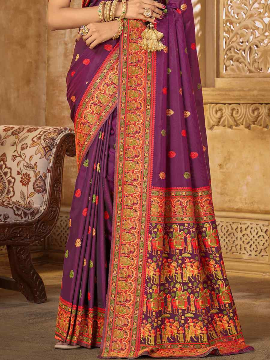 Purple Silk Handwoven Festival Wedding Heavy Border Saree