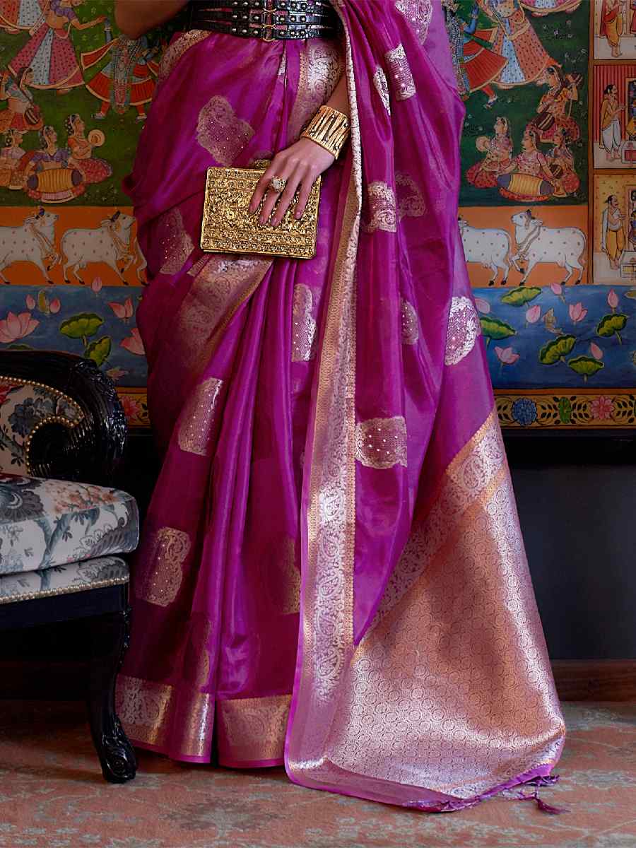 Purple Silk Handwoven Party Festival Heavy Border Saree