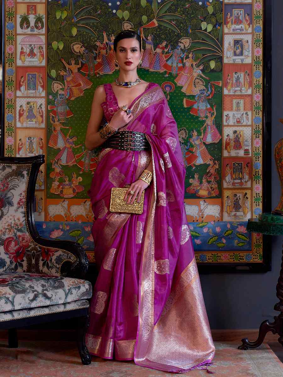 Purple Silk Handwoven Party Festival Heavy Border Saree