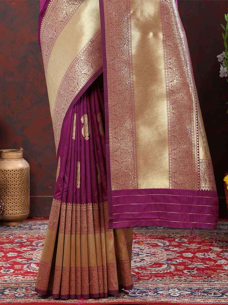 Purple Silk Handwoven Wedding Festival Heavy Border Saree