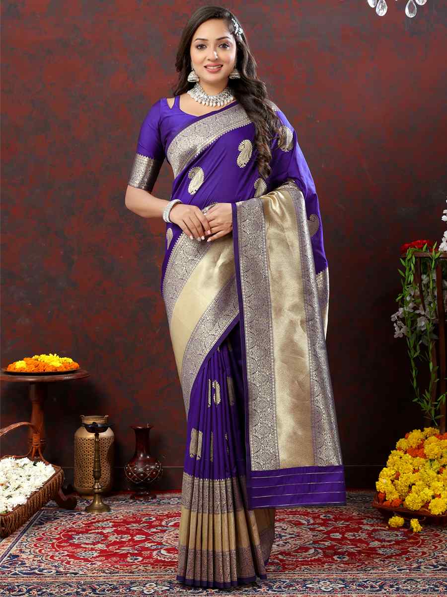 Purple Silk Handwoven Wedding Festival Heavy Border Saree