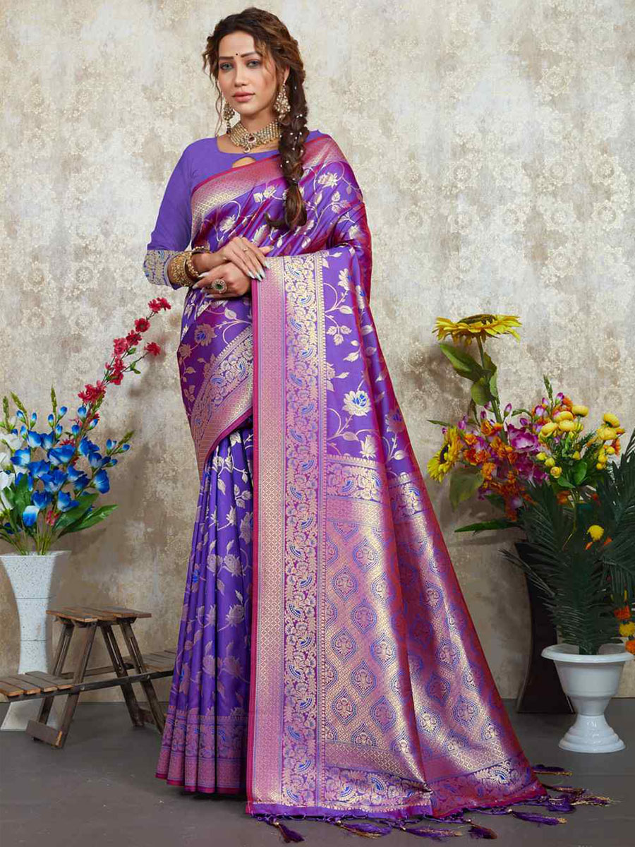 Purple Silk Handwoven Wedding Festival Heavy Border Saree