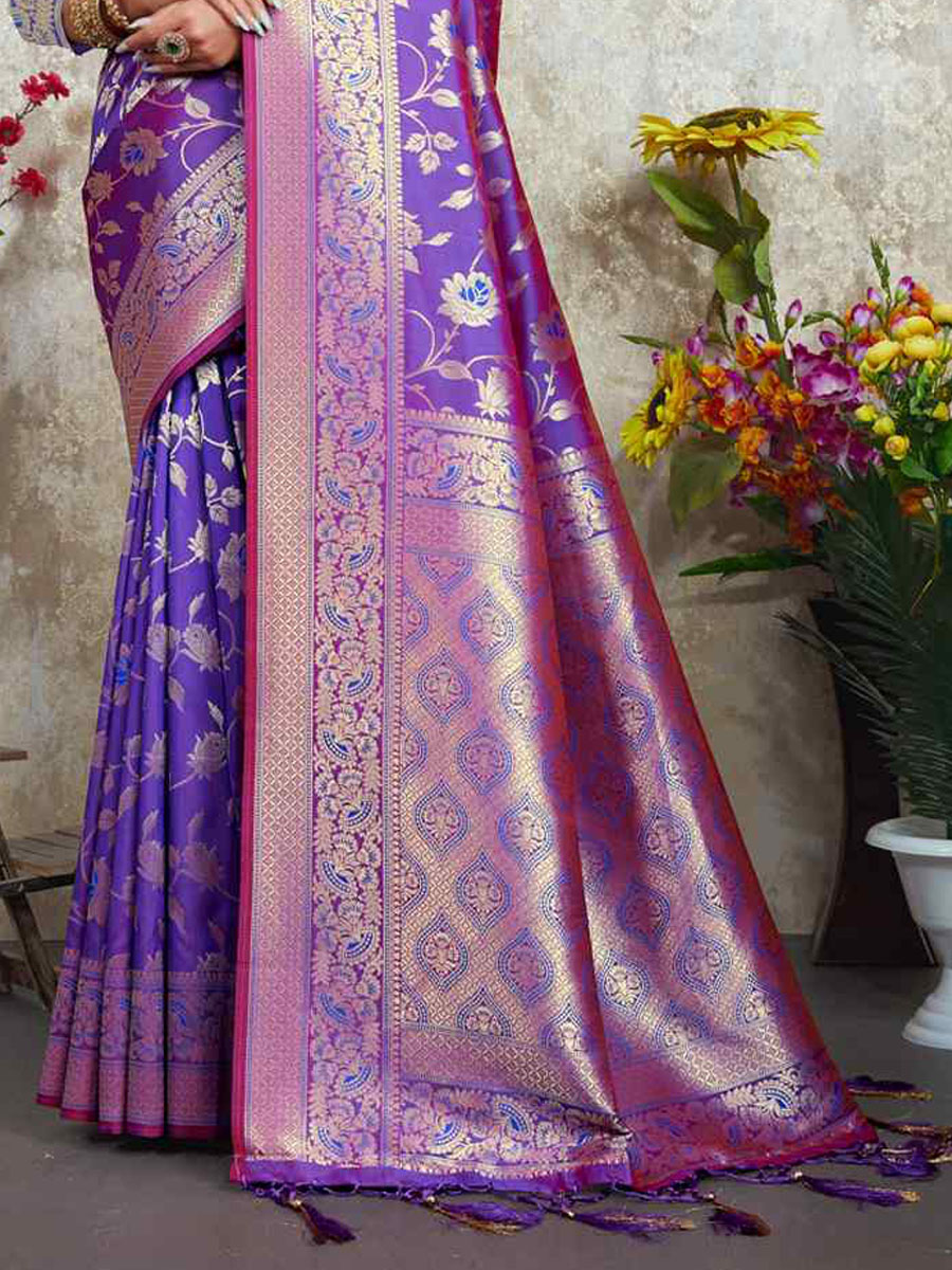 Purple Silk Handwoven Wedding Festival Heavy Border Saree