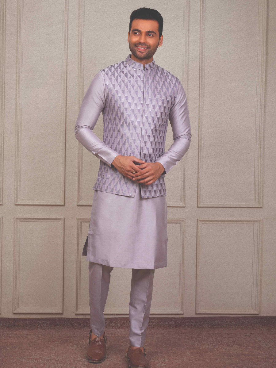 Purple Silk Woven Groom Wedding Kurta