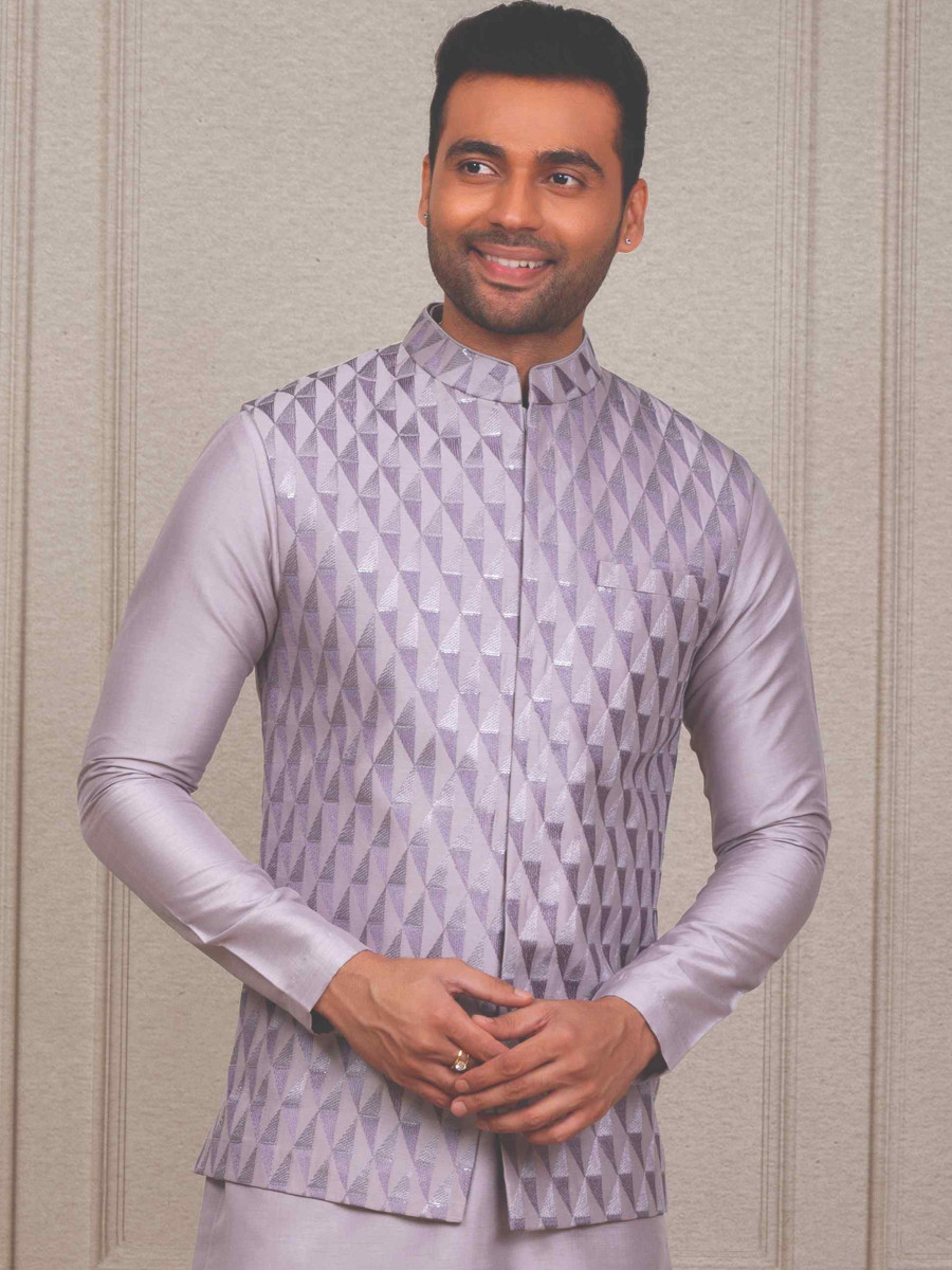 Purple Silk Woven Groom Wedding Kurta