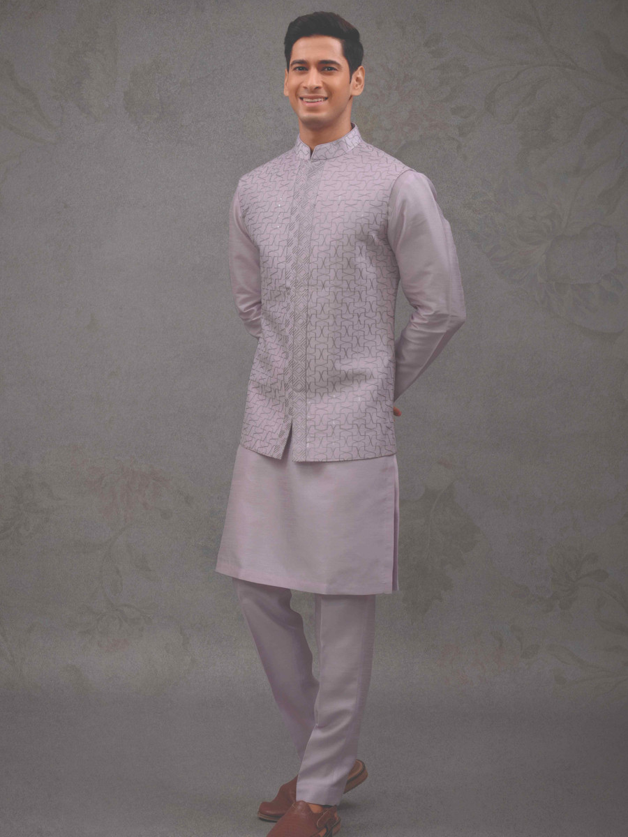 Purple Silk Woven Groom Wedding Kurta