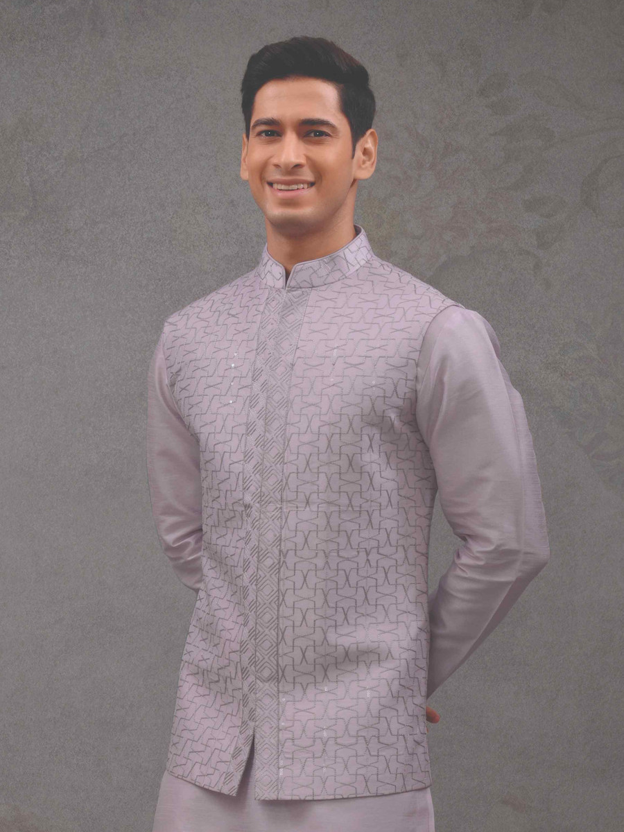 Purple Silk Woven Groom Wedding Kurta