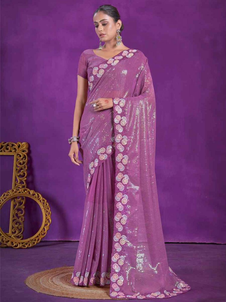 Purple Simer Embroidered Wedding Party Heavy Border Saree
