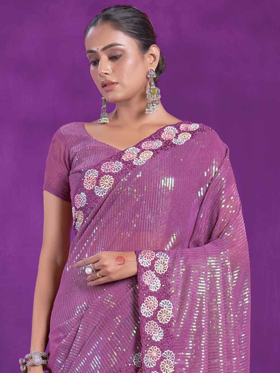 Purple Simer Embroidered Wedding Party Heavy Border Saree