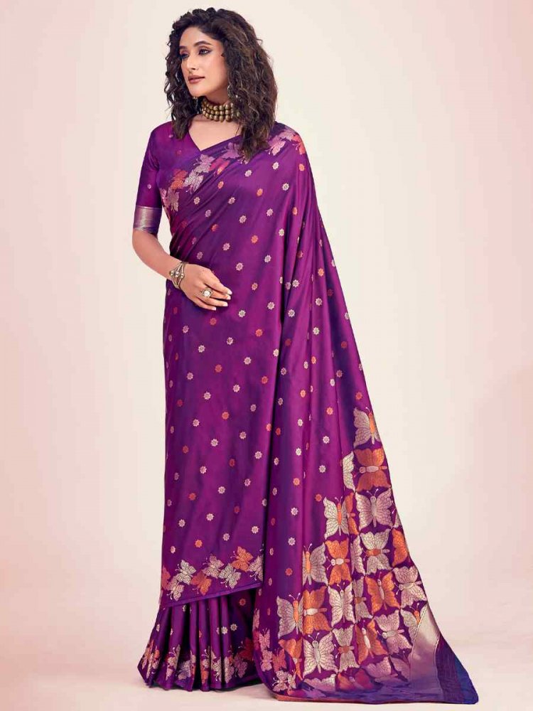 Purple Soft Banarasi Silk Handwoven Wedding Festival Heavy Border Saree