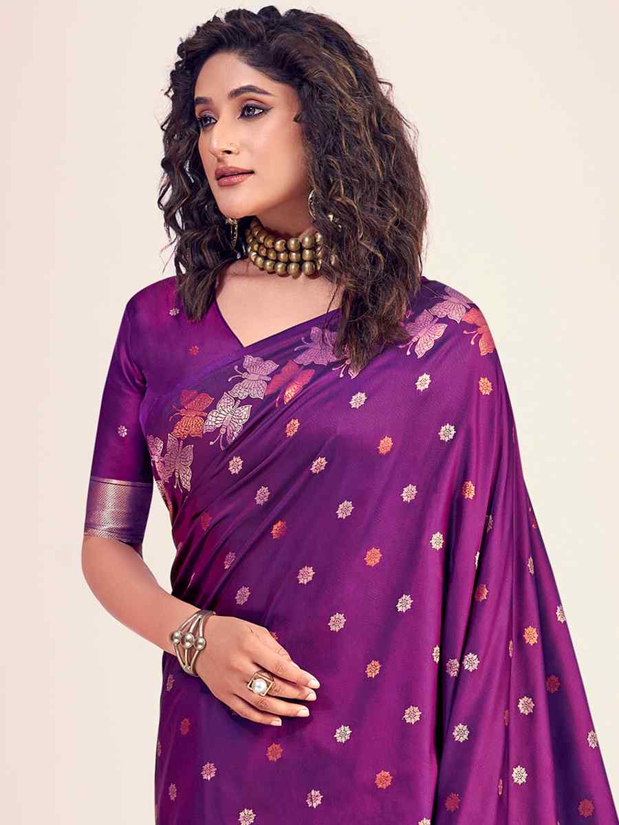 Purple Soft Banarasi Silk Handwoven Wedding Festival Heavy Border Saree