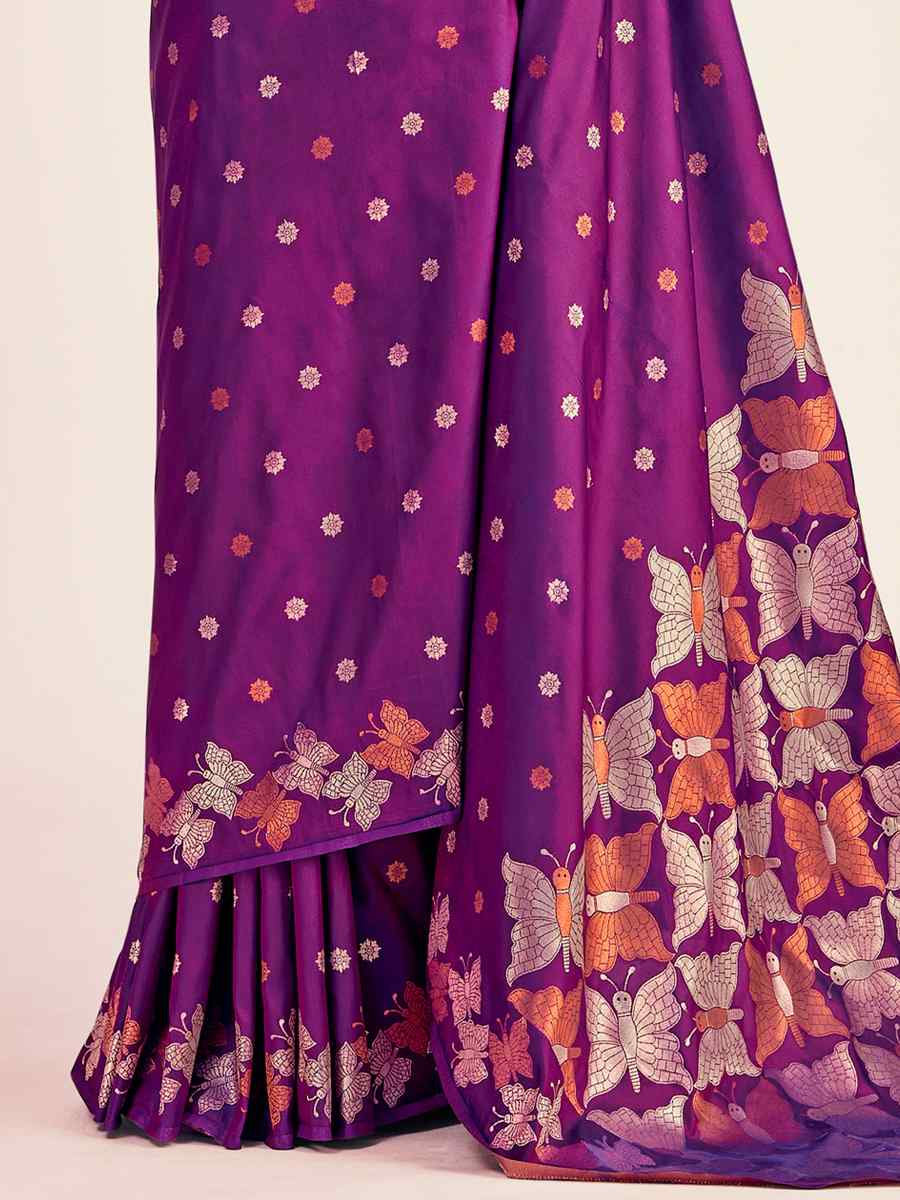 Purple Soft Banarasi Silk Handwoven Wedding Festival Heavy Border Saree