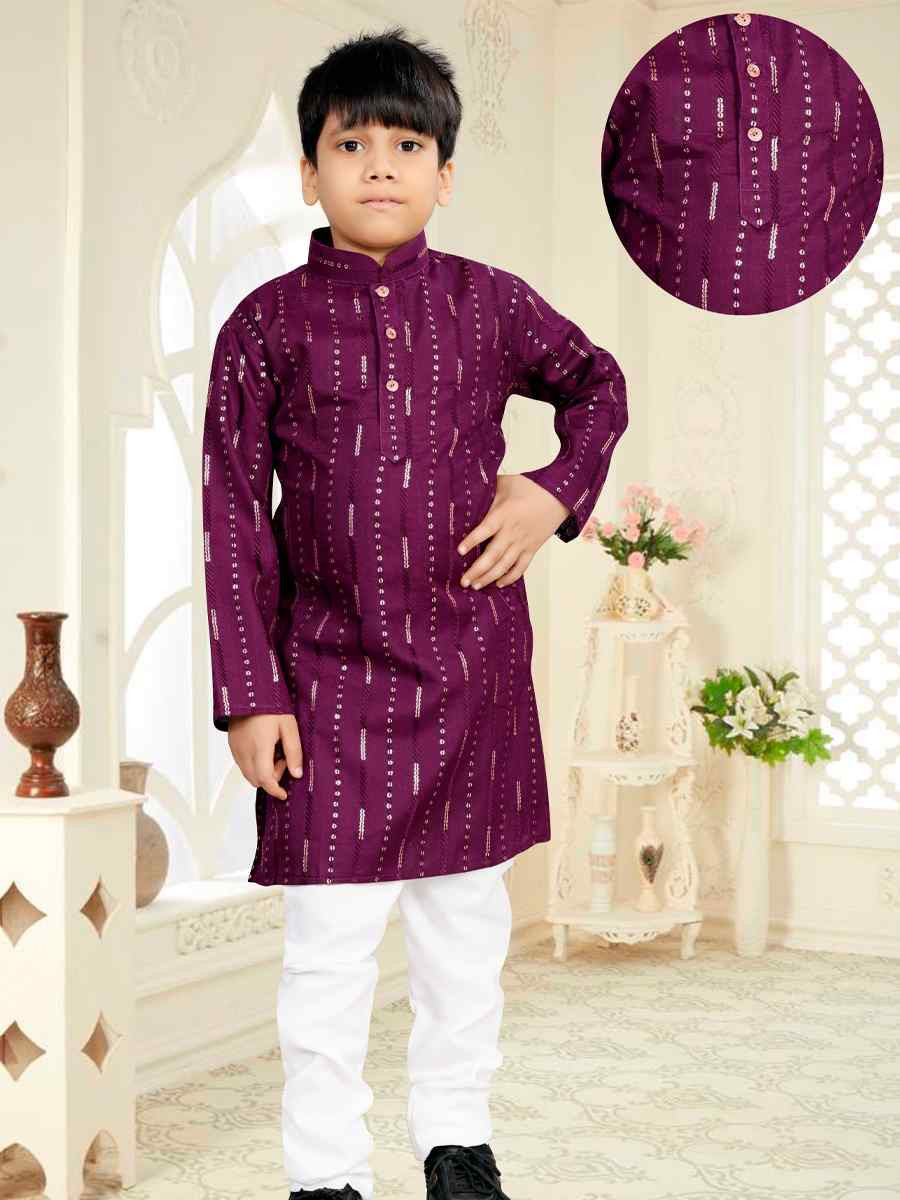 Purple Soft Cotton Embroidered Wedding Casual Kurta Pyjama Boys Wear