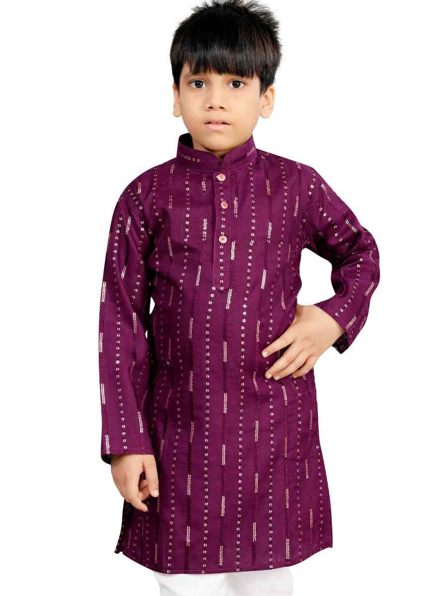 Purple Soft Cotton Embroidered Wedding Casual Kurta Pyjama Boys Wear