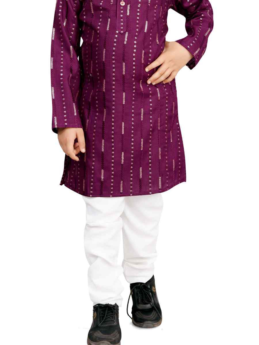 Purple Soft Cotton Embroidered Wedding Casual Kurta Pyjama Boys Wear