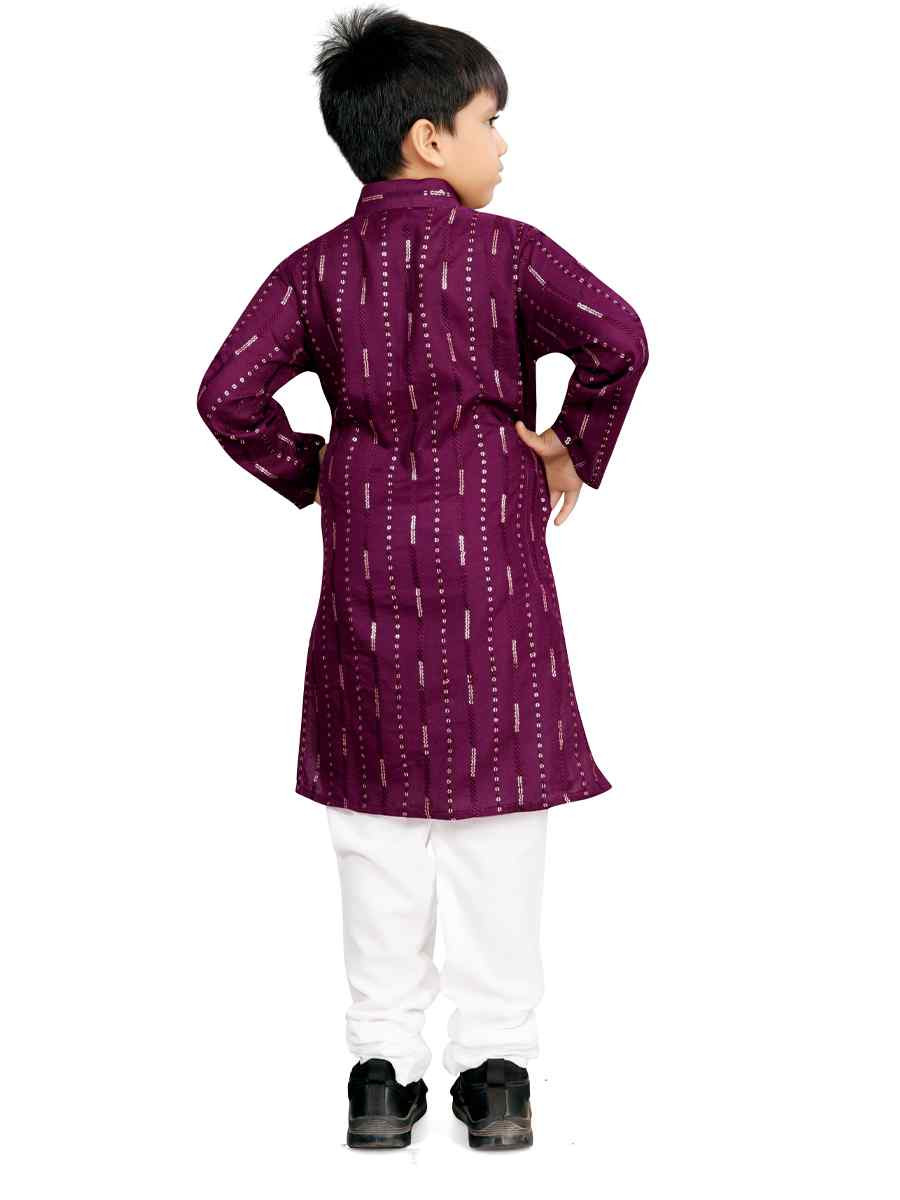 Purple Soft Cotton Embroidered Wedding Casual Kurta Pyjama Boys Wear