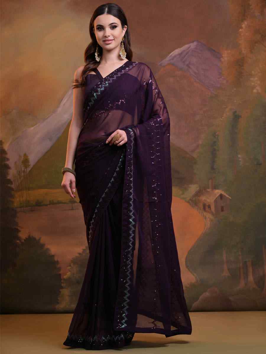 Purple Soft Georgette Embroidered Festival Party Classic Style Saree