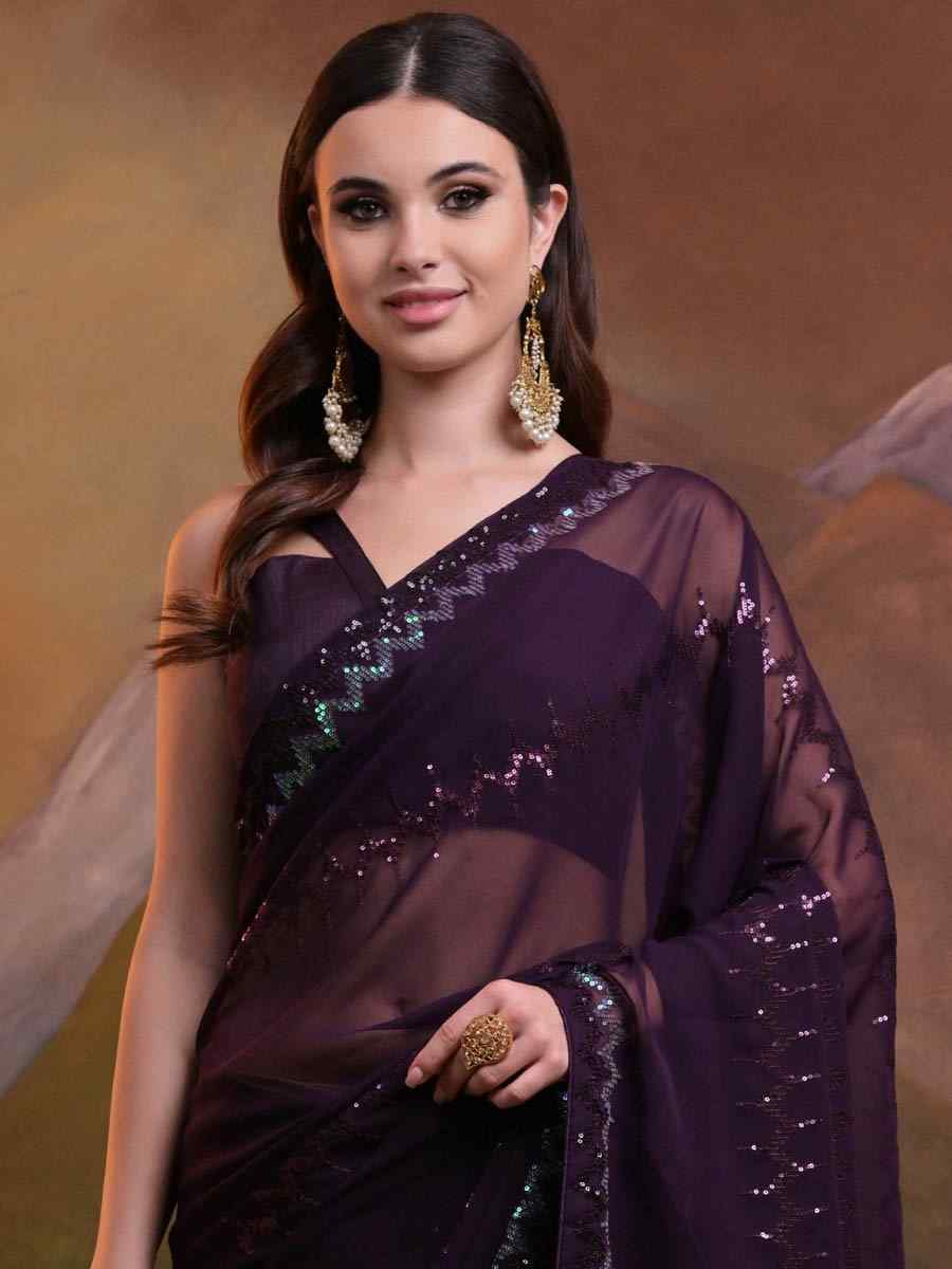 Purple Soft Georgette Embroidered Festival Party Classic Style Saree