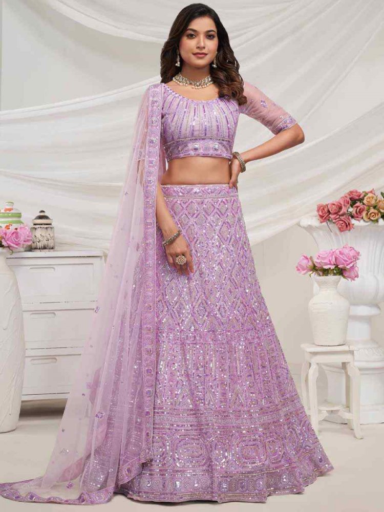 Purple Soft Net Embroidered Bridesmaid Wedding Heavy Border Lehenga Choli