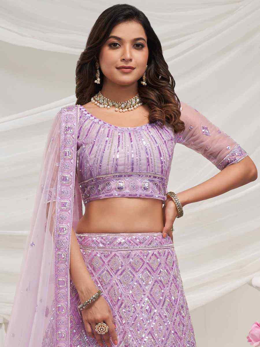 Purple Soft Net Embroidered Bridesmaid Wedding Heavy Border Lehenga Choli