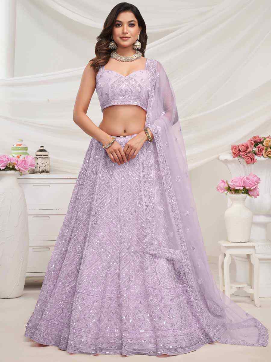 Purple Soft Net Embroidered Bridesmaid Wedding Heavy Border Lehenga Choli