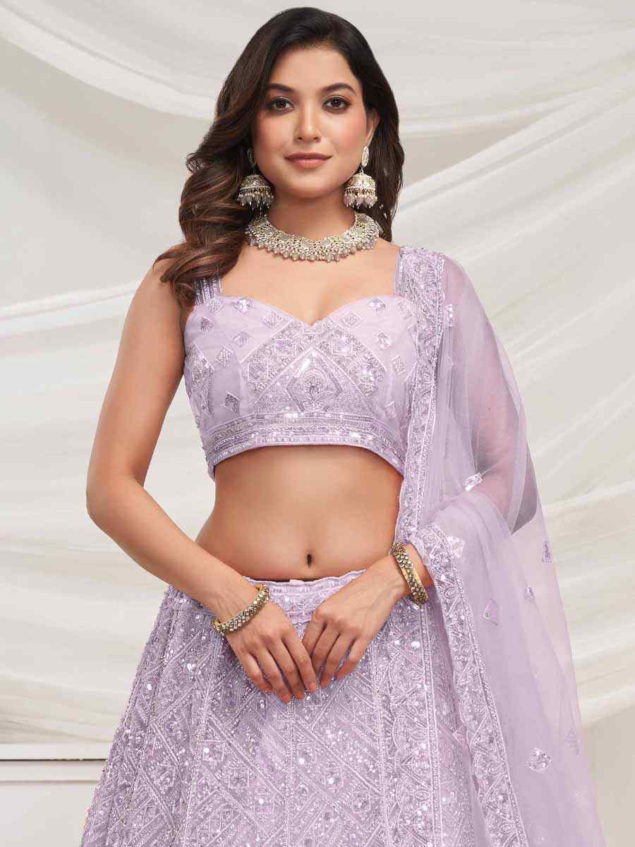 Purple Soft Net Embroidered Bridesmaid Wedding Heavy Border Lehenga Choli