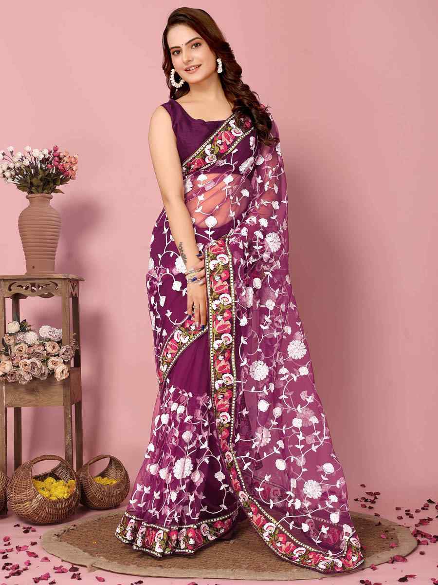 Purple Soft Net Embroidered Wedding Festival Heavy Border Saree