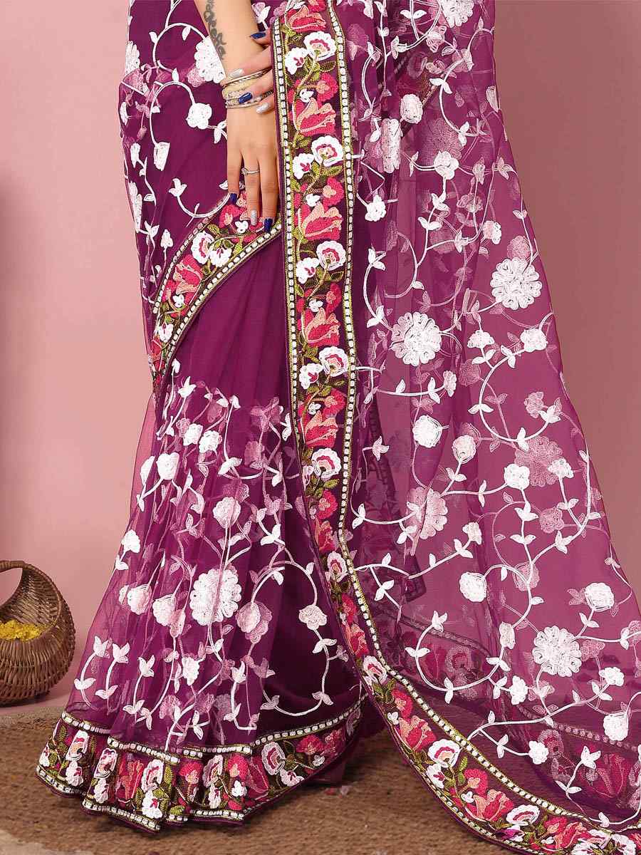 Purple Soft Net Embroidered Wedding Festival Heavy Border Saree