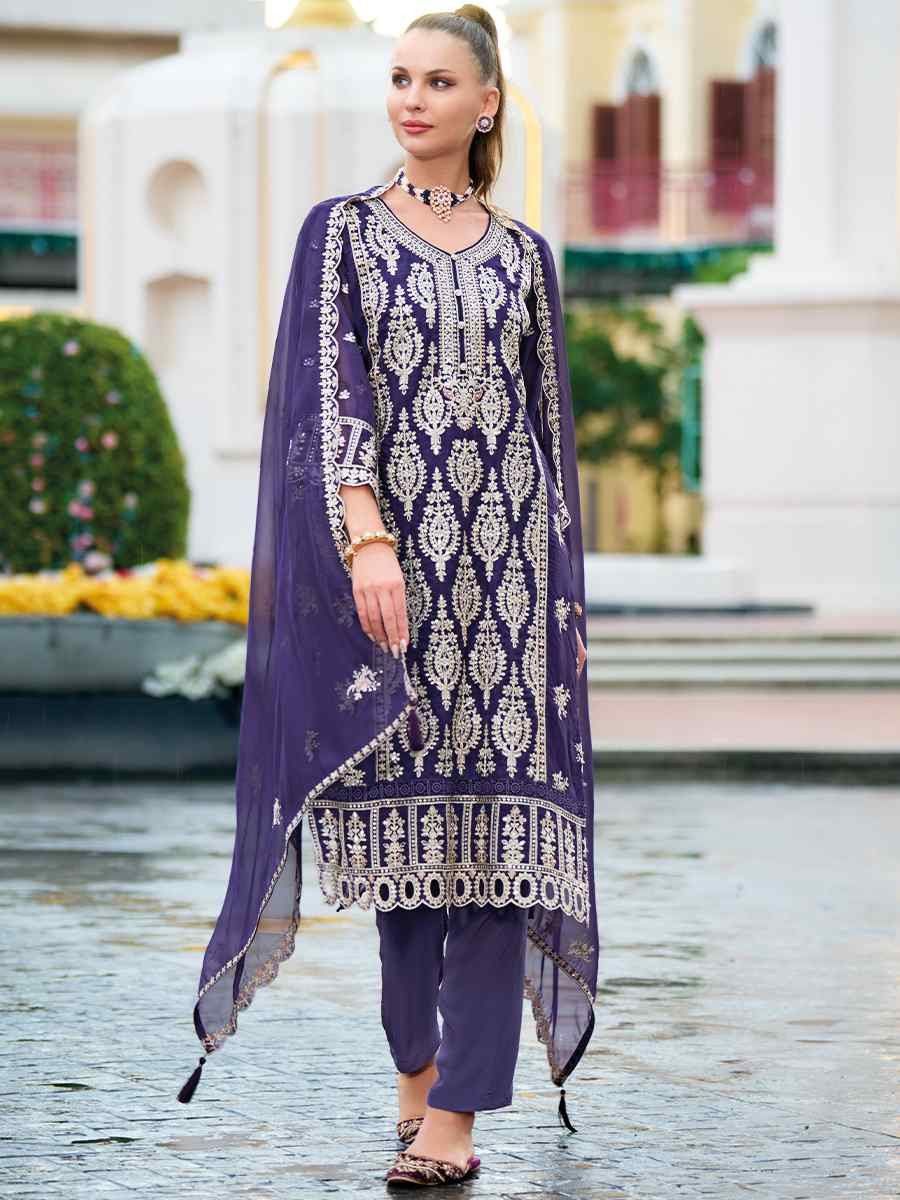 Purple Soft Organza Embroidered Festival Mehendi Ready Pant Salwar Kameez