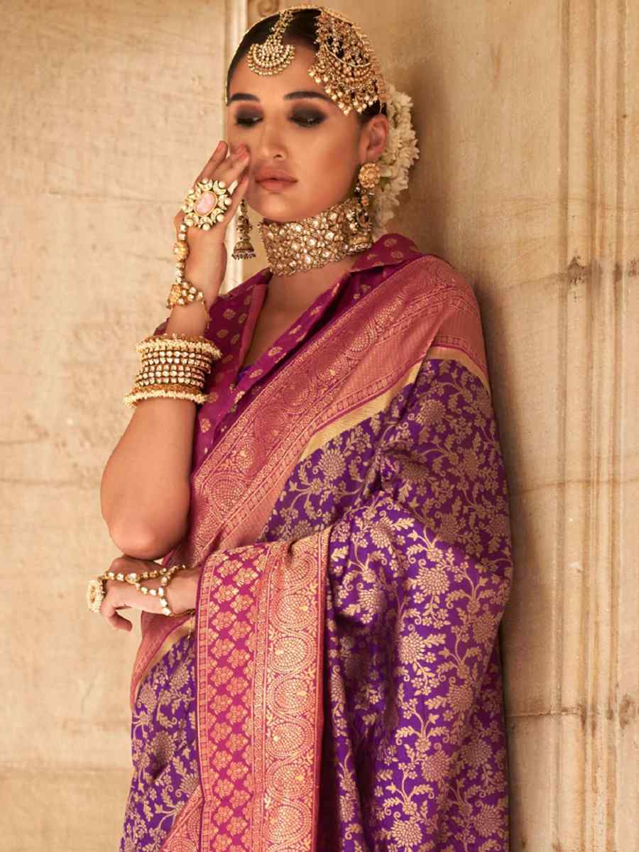 Purple Soft Silk Handwoven Wedding Festival Heavy Border Saree