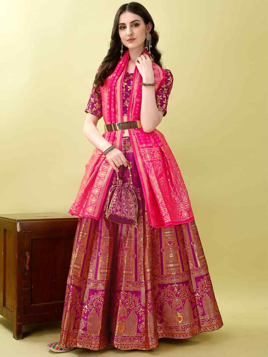 Purple Soft Silk Jacquard Embroidery Bridesmaid Wedding Heavy Border Lehenga Choli