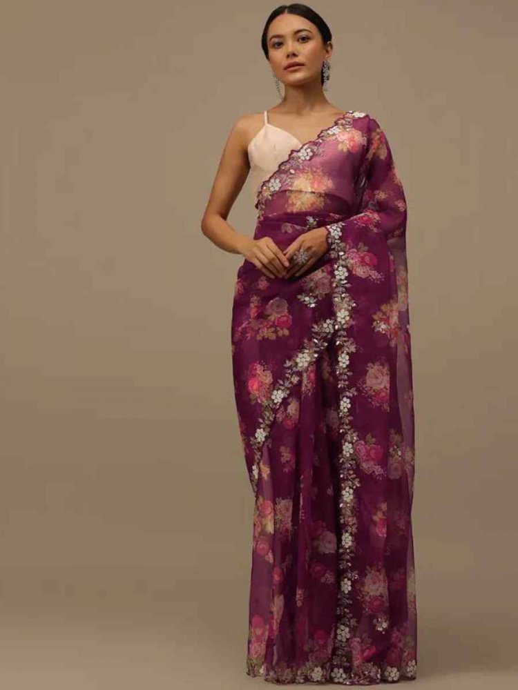 Purple Soft Taby Organza Handwoven Festival Wedding Classic Style Saree