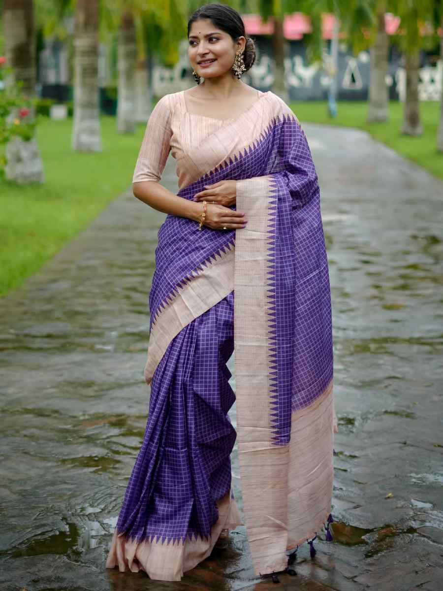 Purple Soft Tussar Silk Handwoven Festival Casual Classic Style Saree