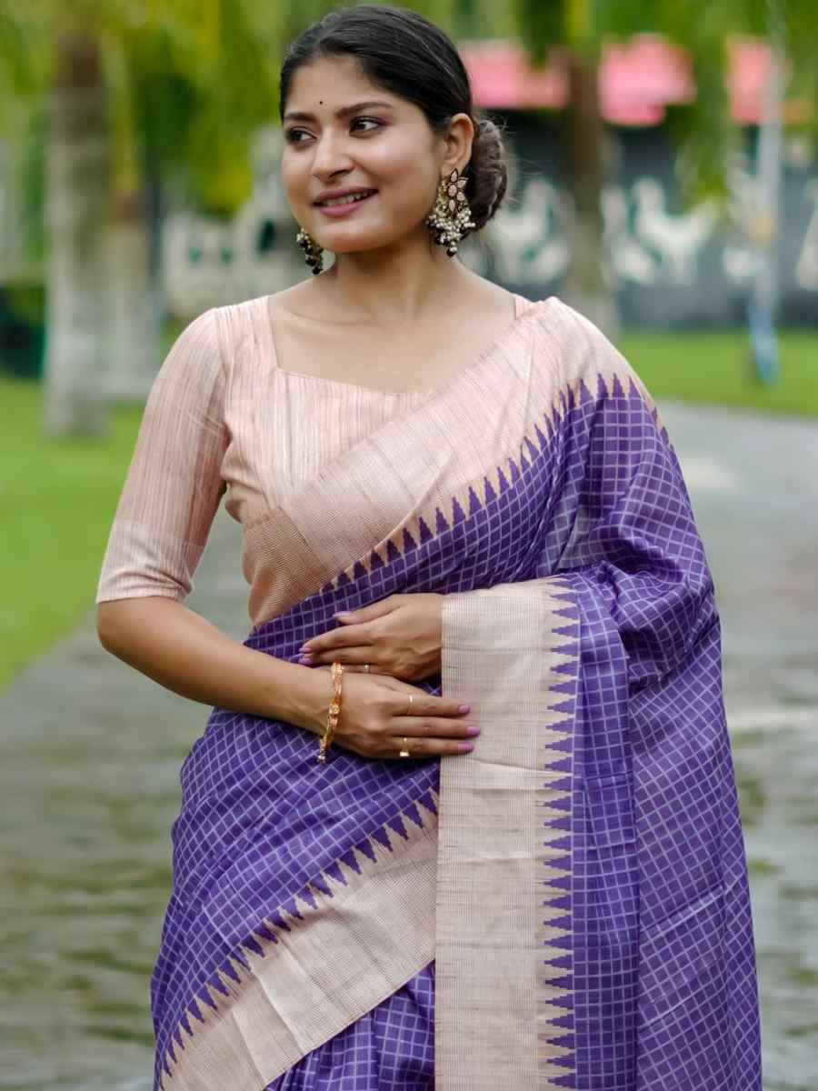 Purple Soft Tussar Silk Handwoven Festival Casual Classic Style Saree