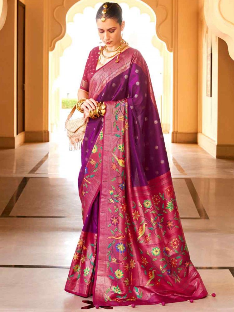 Purple Super Paithani Silk Handwoven Wedding Festival Heavy Border Saree
